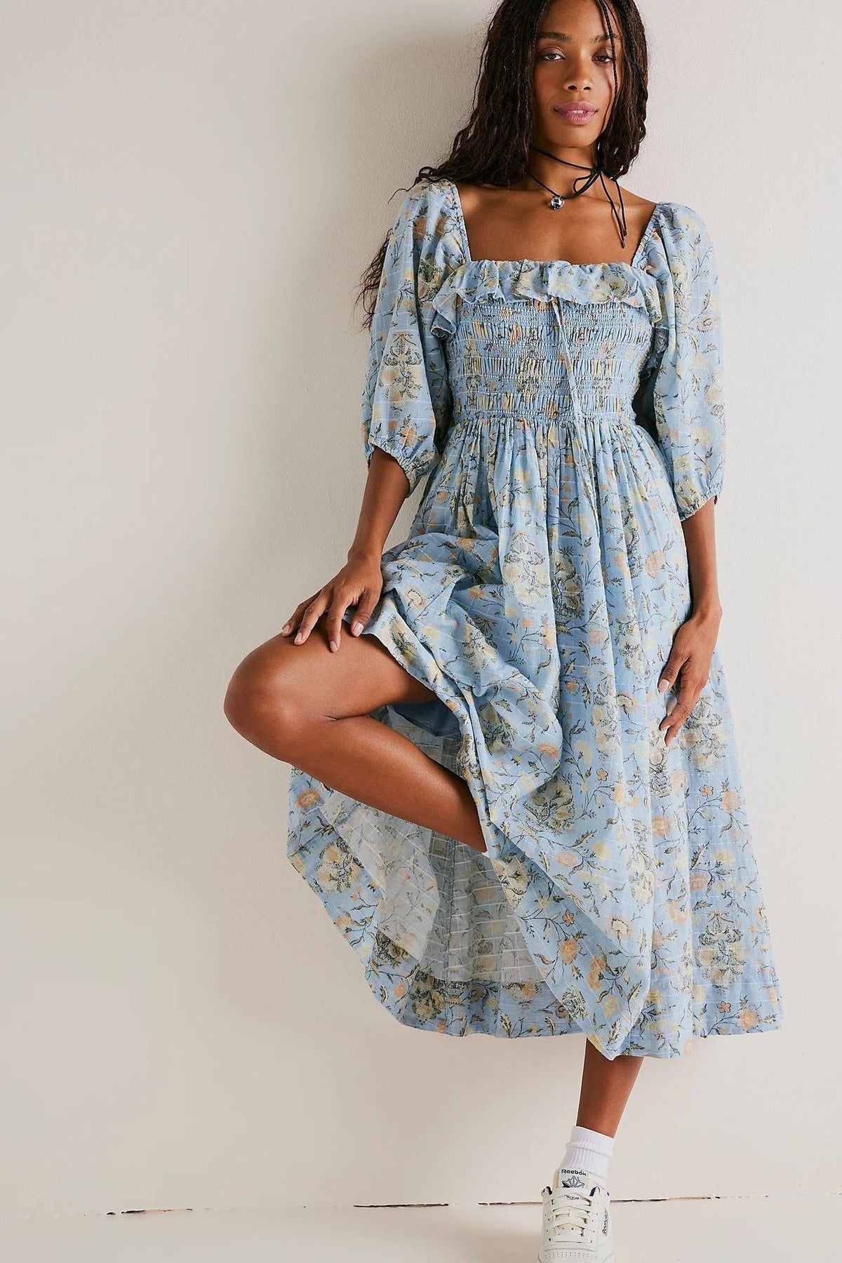 Floral Print Square Neck Ruffle Trim Smocked Bodice Midi Dress 11