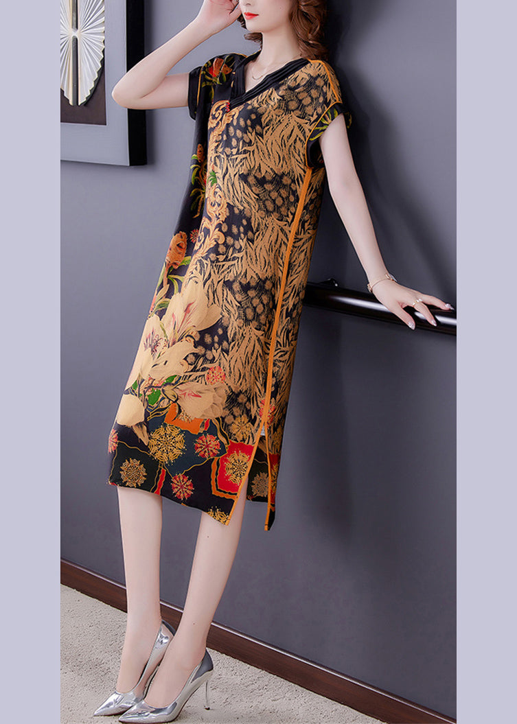 Ornamental Floral Print V-Neck Cap Sleeve Piped Shift Midi Dress