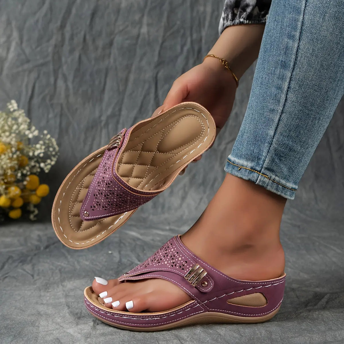 Cut Out Floral Thong Wedge Sandals