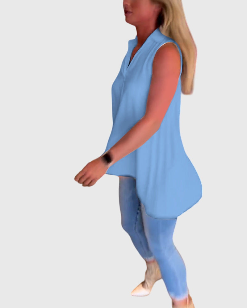 Collared Sleeveless High Low Blouse