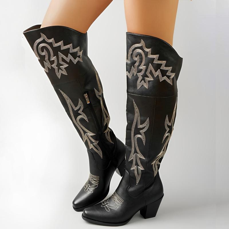 Embroidered Block Heel Over The Knee Cowboy Boots