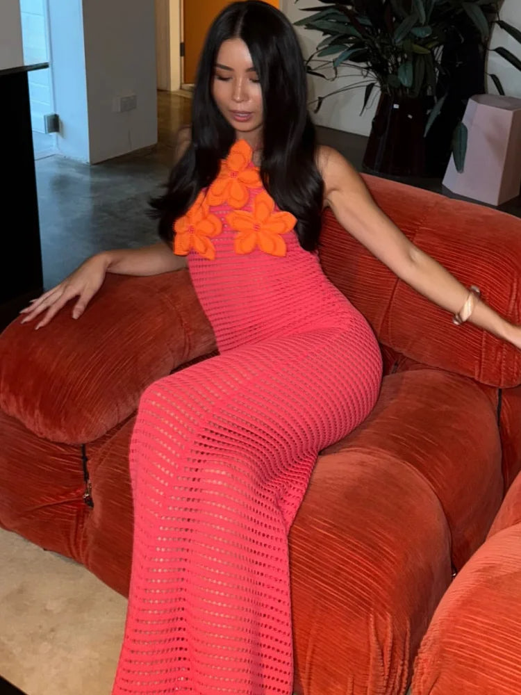 Crochet Halter Neck 3D Flower Backless Maxi Summer Dress