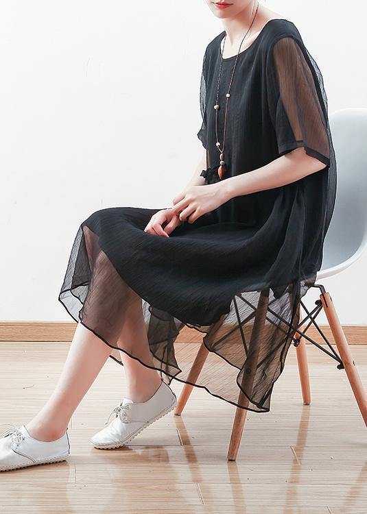 Sheer Overlay Crew Neck Short Sleeve Tie Waist Shift Midi Dress