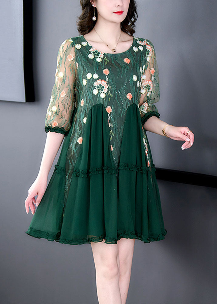 Floral Embroidered Mesh Round Neck Ruffle Cuff Tiered Pleated Mini Dress