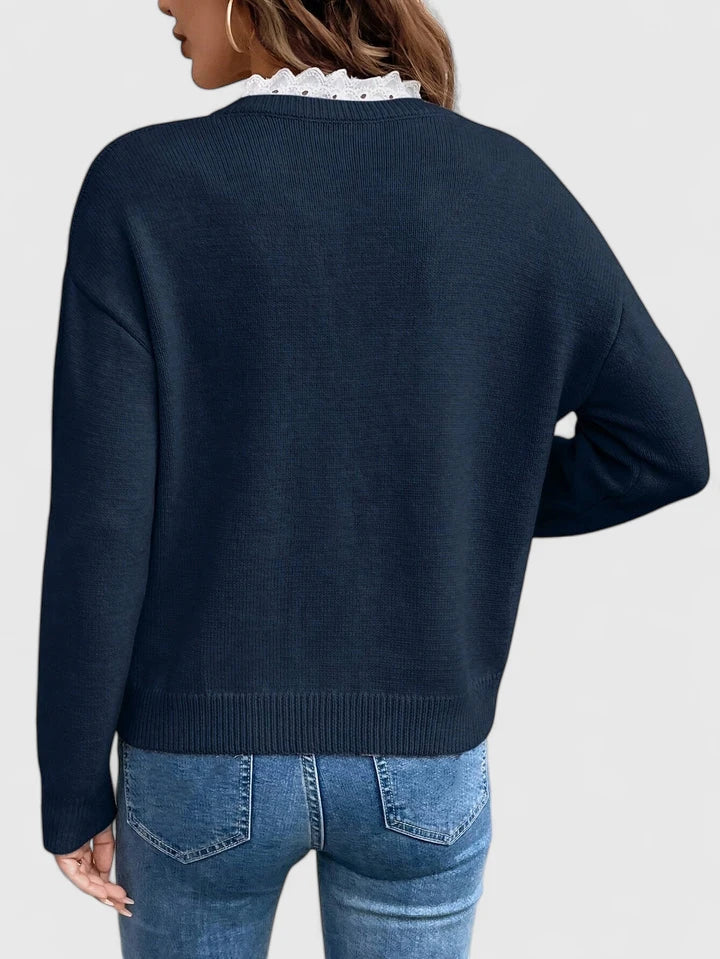 Lace Trim V-Neck Long Sleeve Knit Sweater