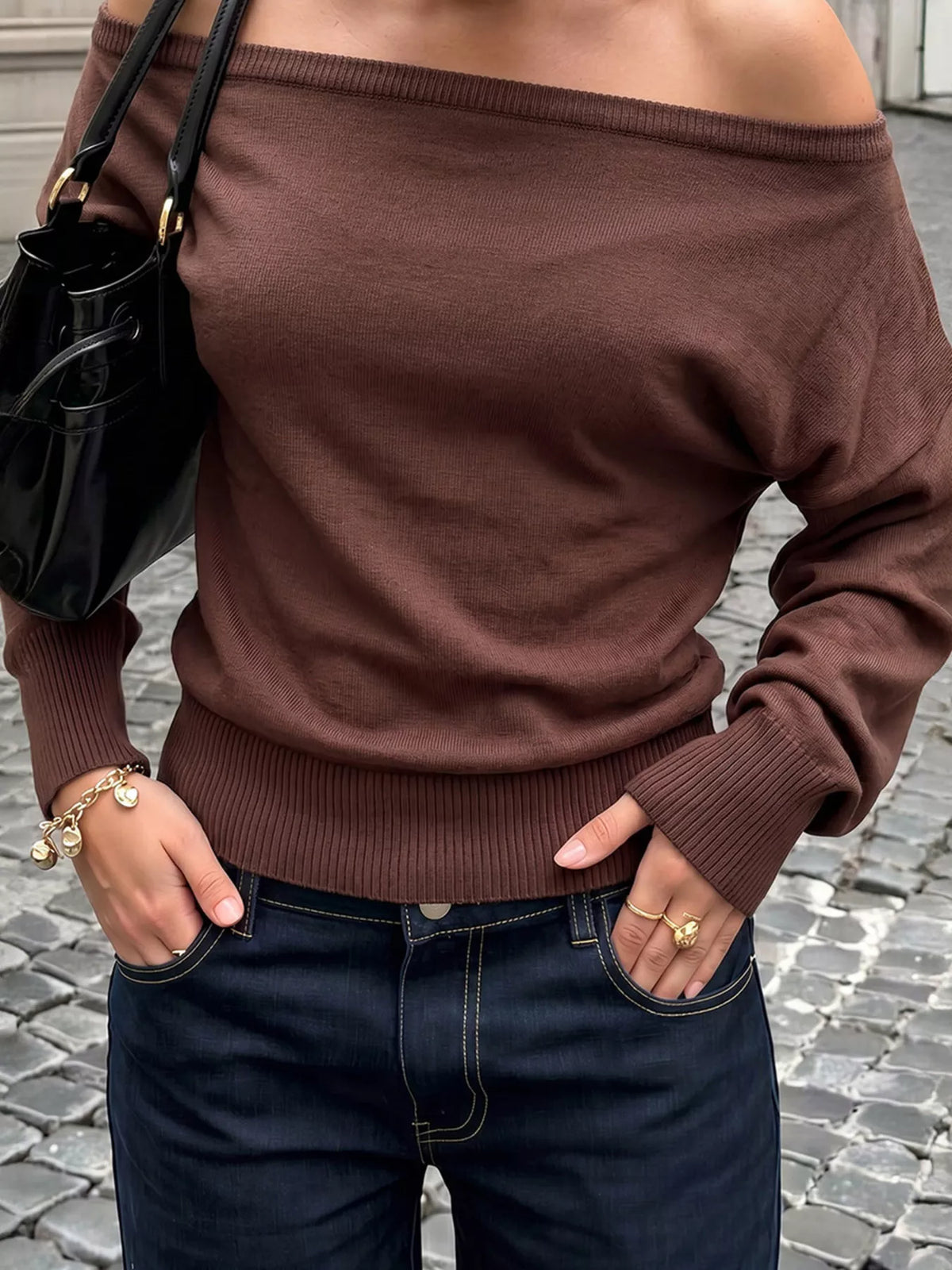 Off Shoulder Batwing Long Sleeve Ribbed Hem Knit Sweater