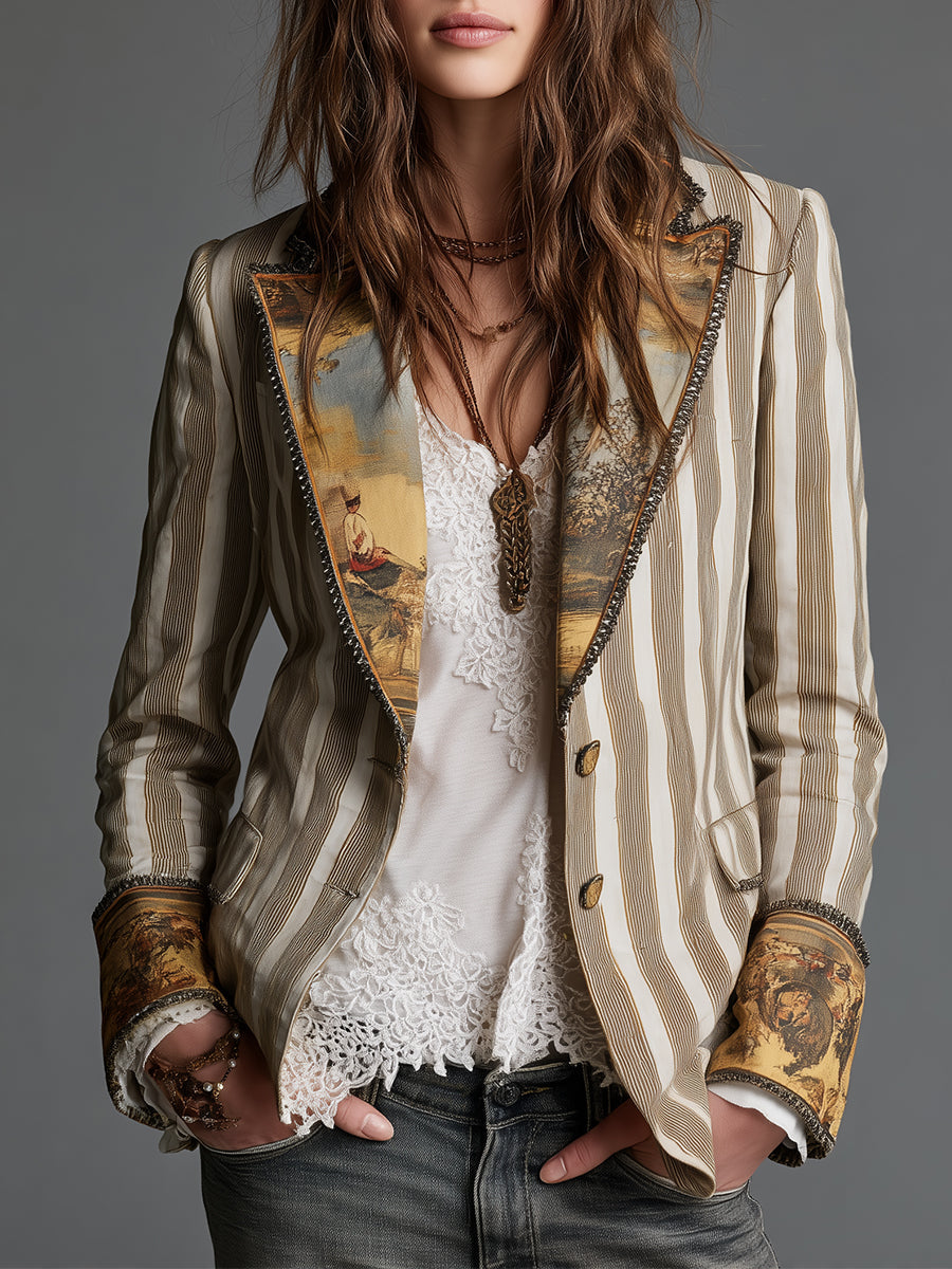 Striped Contrast Lapel Single Breasted Blazer