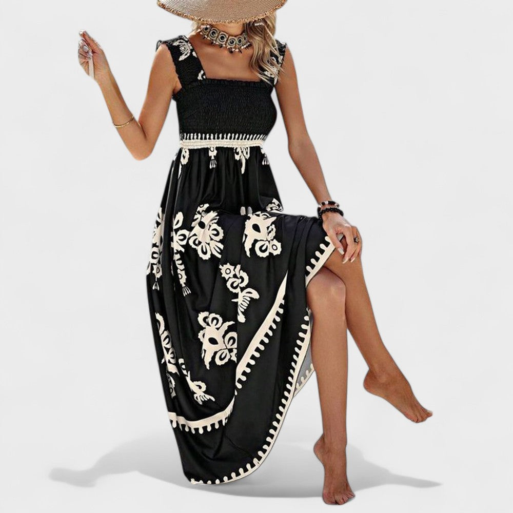 Floral Print Smocked Square Neck Sleeveless High Split Maxi Dress