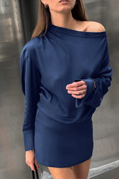 Blue Satin Asymmetric Mini Dress - View 3