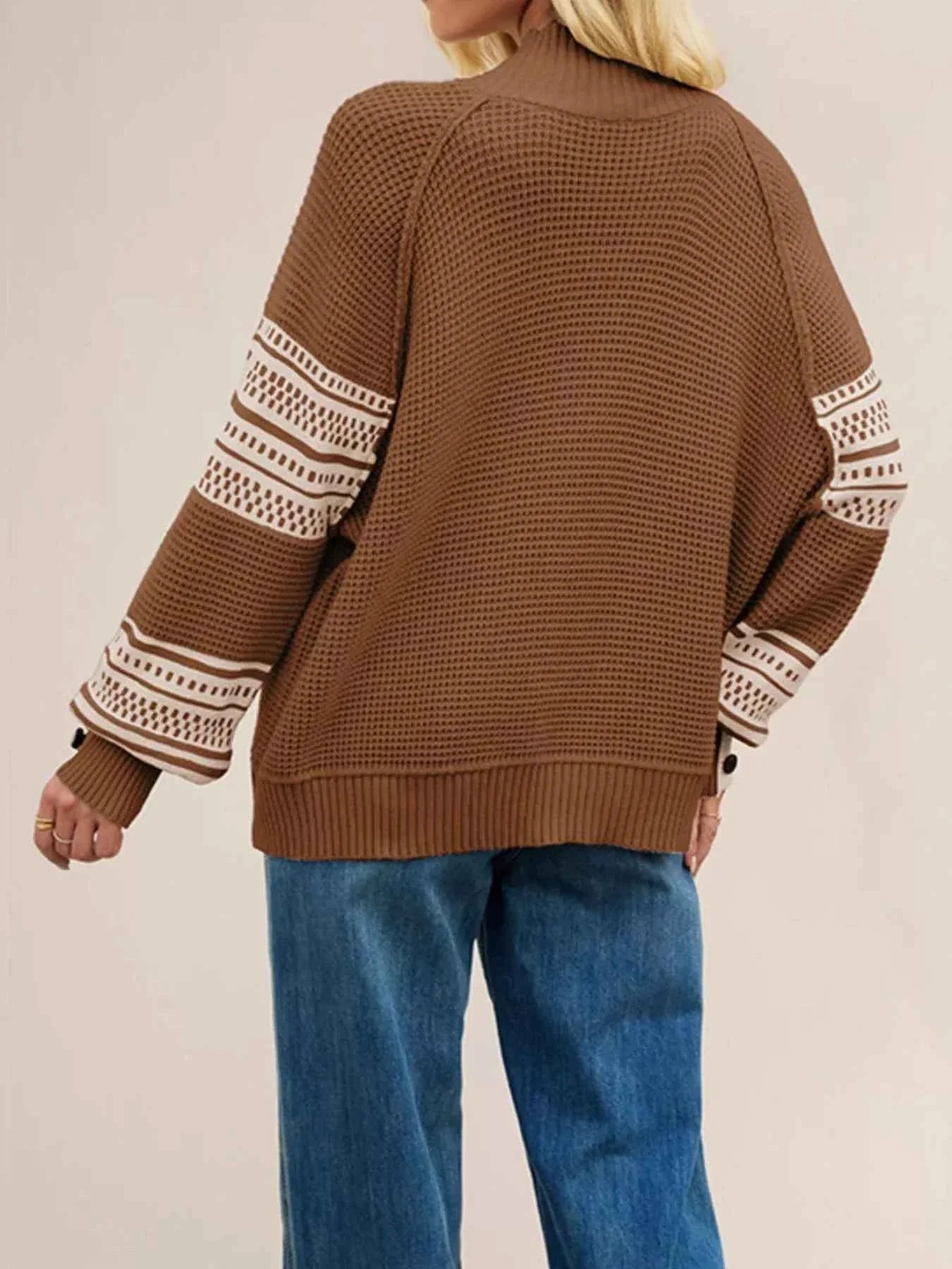 Color-Block Mock Neck Waffle Knit Sweater