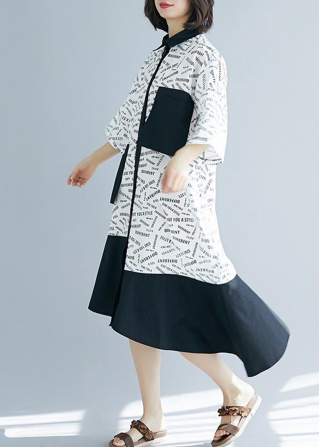 Typography Print Asymmetric Hem Patch Pocket Collar Button Down Short Sleeve Shirt Dress