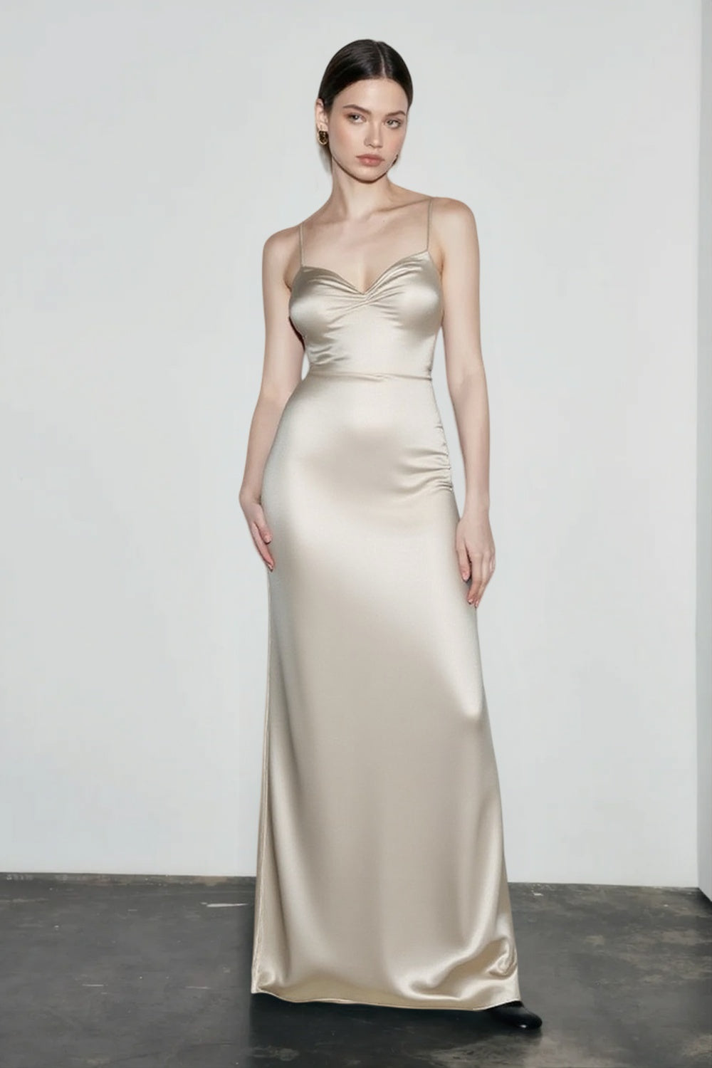 Satin Sweetheart Spaghetti Strap Ruched Bodycon Maxi Dress