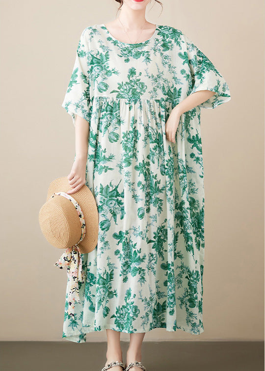 Floral Print Round Neck Short Sleeve Empire Waist Gathered A-Line Midi Dress