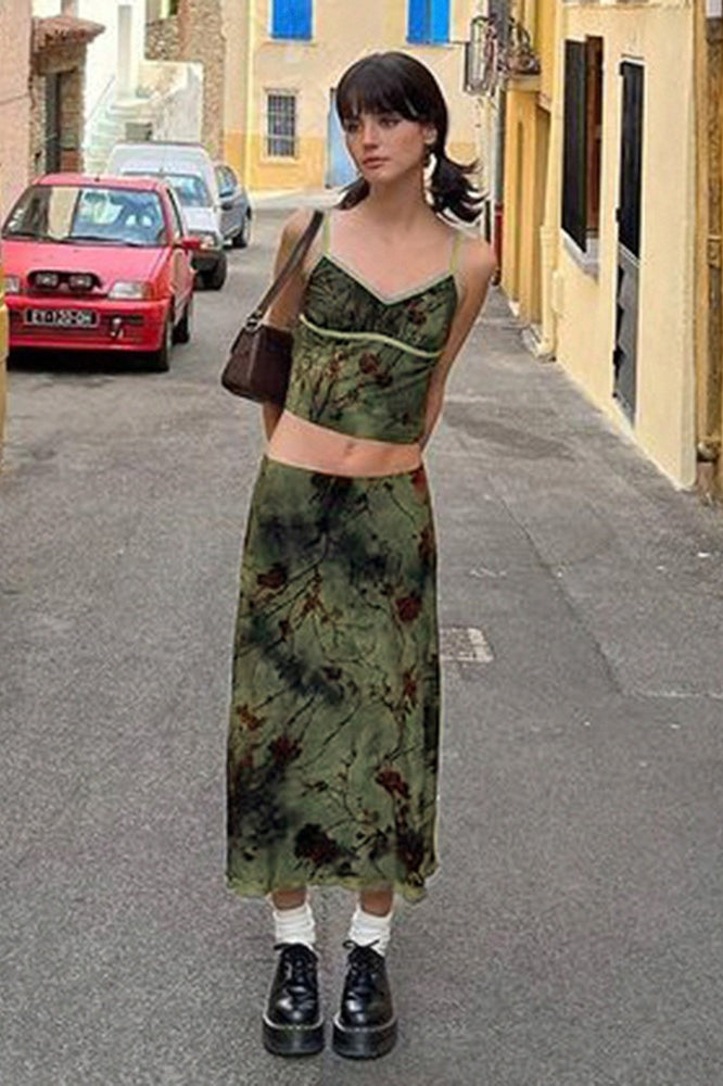 Floral Branch Print Satin Slip Midi Skirt 4