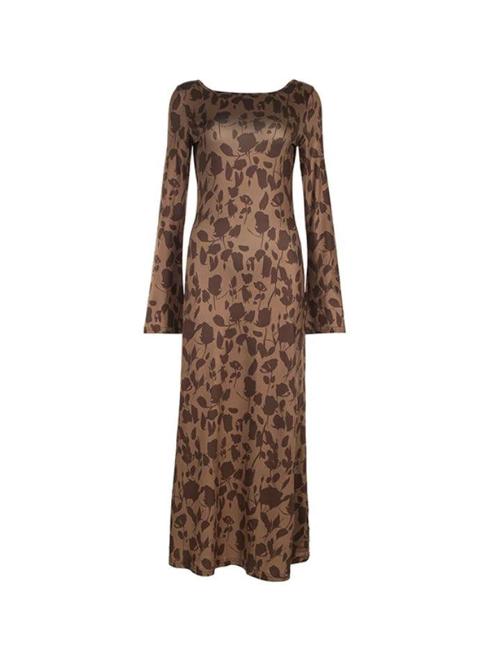 Brown Signature Print Trumpet Sleeve Maxi Dress