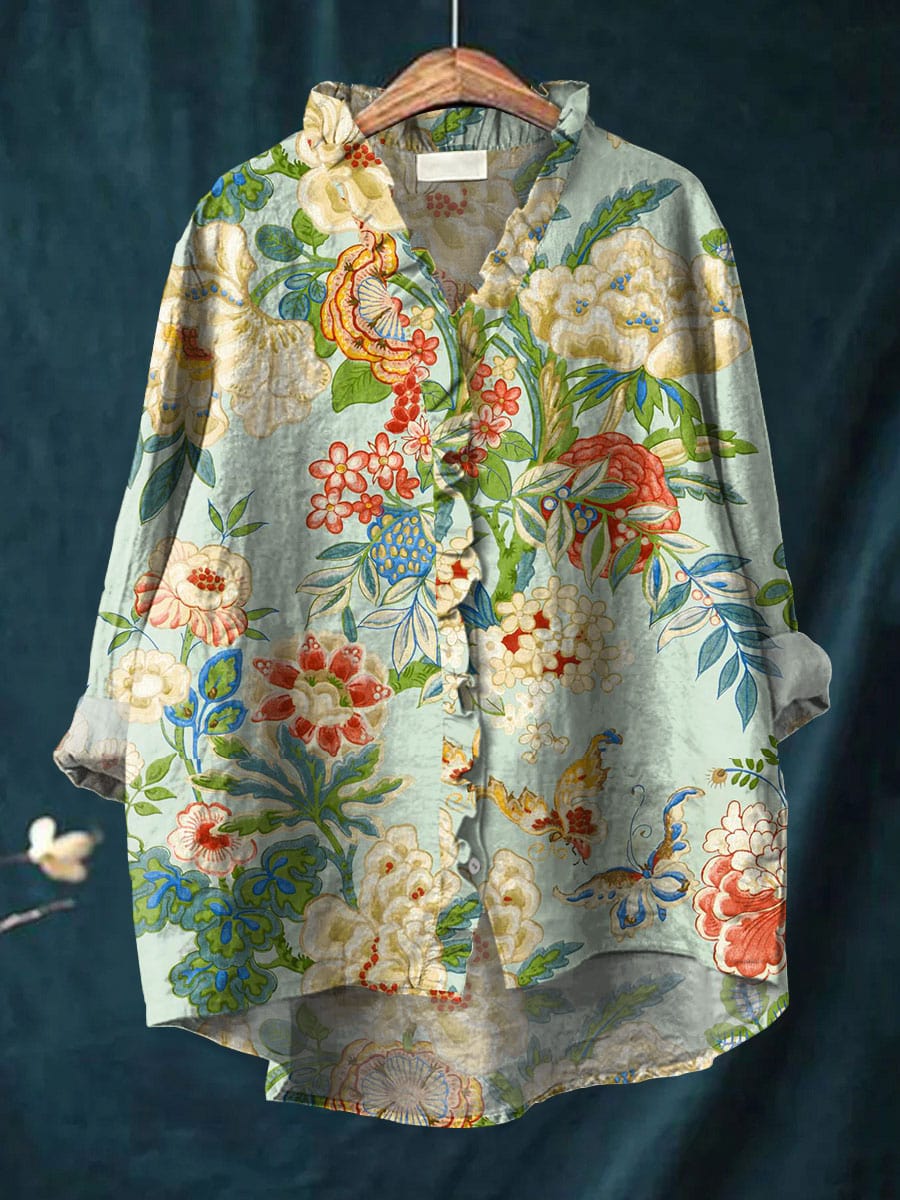 Floral Print Long Sleeve Button Front Blouse