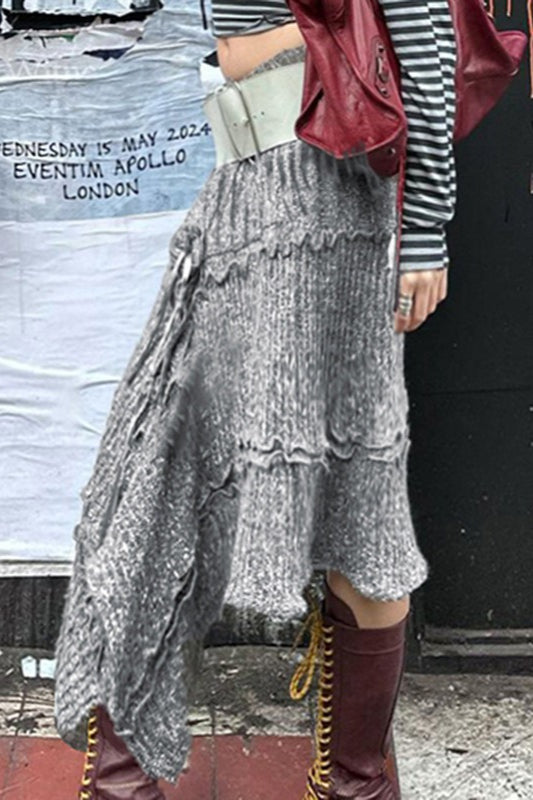 Knit Asymmetric Hem Ruffle Skirt