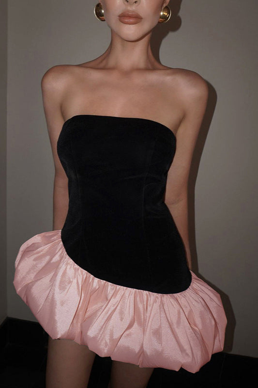 Elegant Velvet Paneled Strapless Puff Mini Dress 4