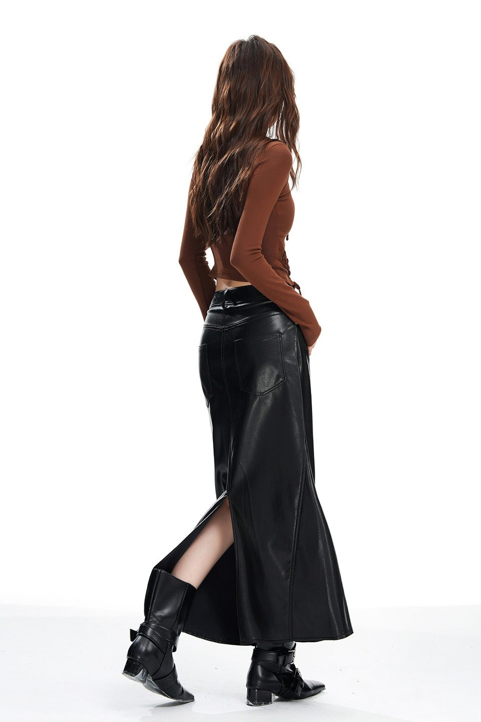 Faux Leather High Waist Seamed Mermaid Maxi Skirt 4