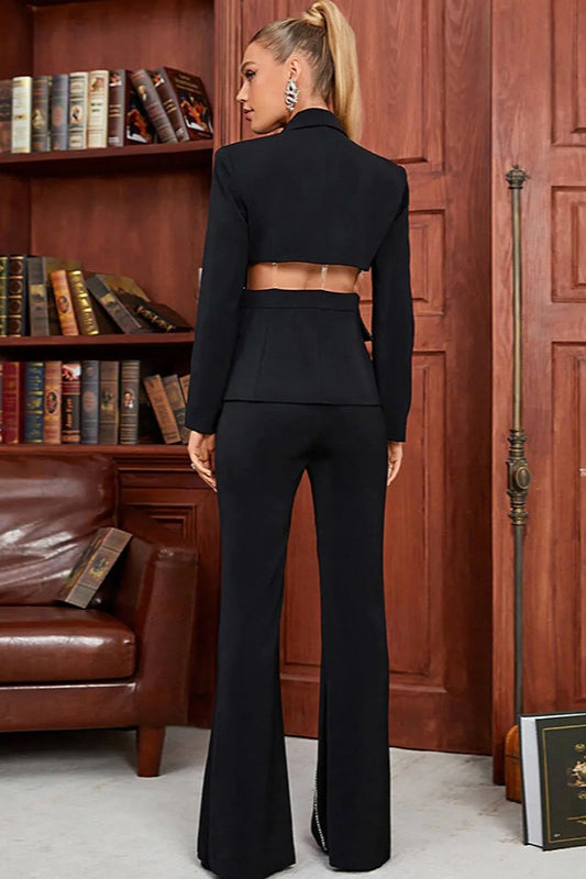 British Ladylike Chic Cutout Rhinestone Tailored Two Piece Set