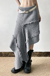 Knit Asymmetric Hem High Waist Midi Skirt