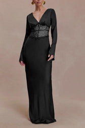 Deep V-Neck Lace Panel Bodycon Maxi Lace Dress
