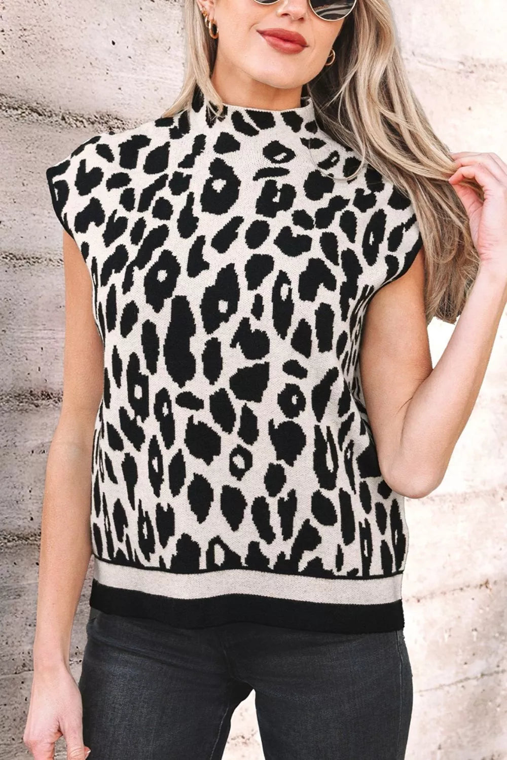 Leopard Print High Neck Short Sleeve Sweater