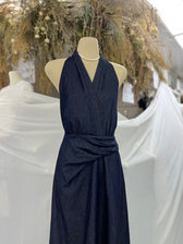 Denim Halter Neck Sleeveless Twist Waist Maxi Dress 5