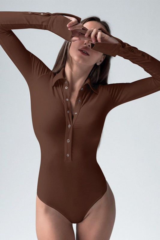 Collared Button Front Slim Long Sleeve Bodysuit