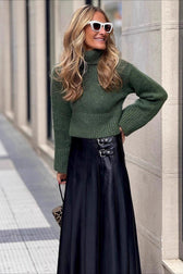 PU Leather Shirred A-Line Skirt