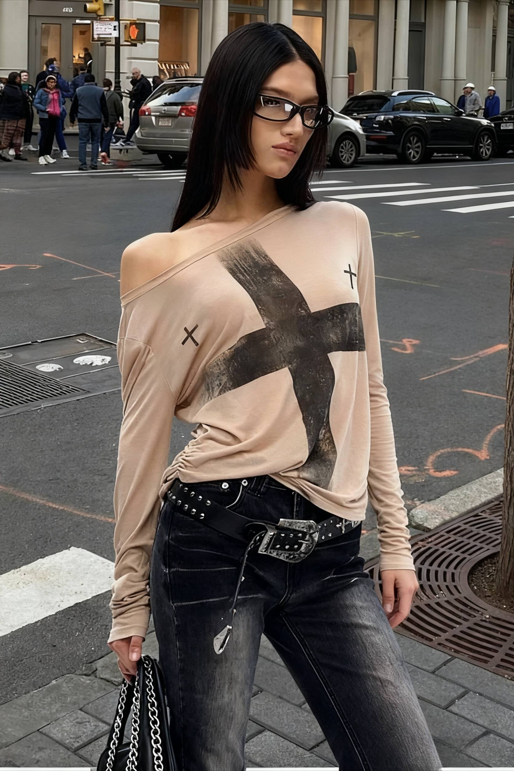Cross Print Asymmetrical T-Shirt