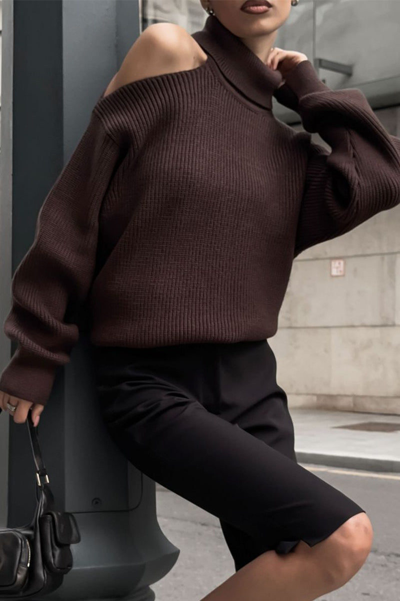 Off Shoulder High Neck Knit Sweater