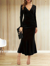 Purple Velvet Long Sleeve V-Neck Wrap Dress S / Black Blue Green Burgundy