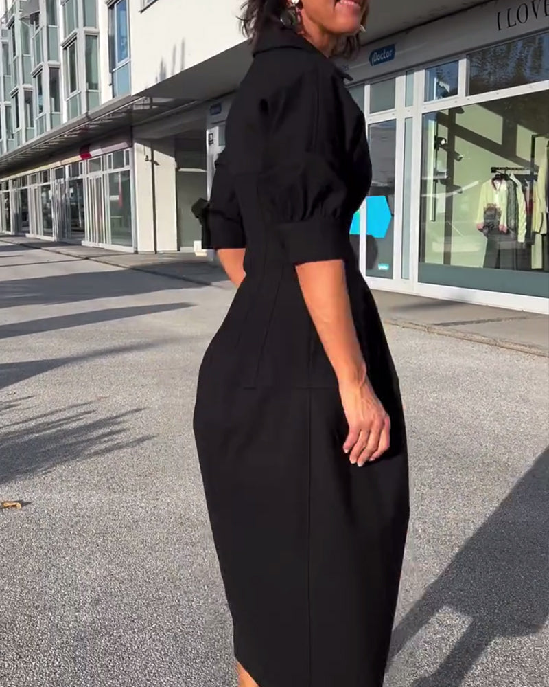 Collared V-Neck Short Sleeve Pocket Cocoon Midi Dress