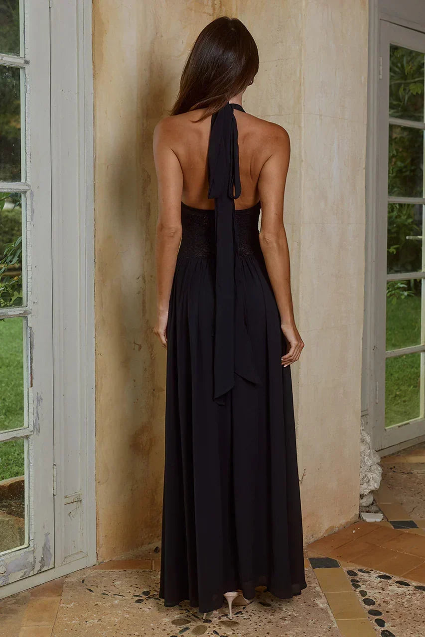 Plunge Halter Neck Lace Waist Panel Flowy Maxi Dress 2