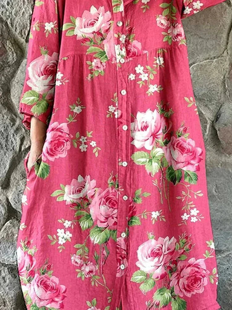 Rose Floral Button Front Long Sleeve Maxi Dress