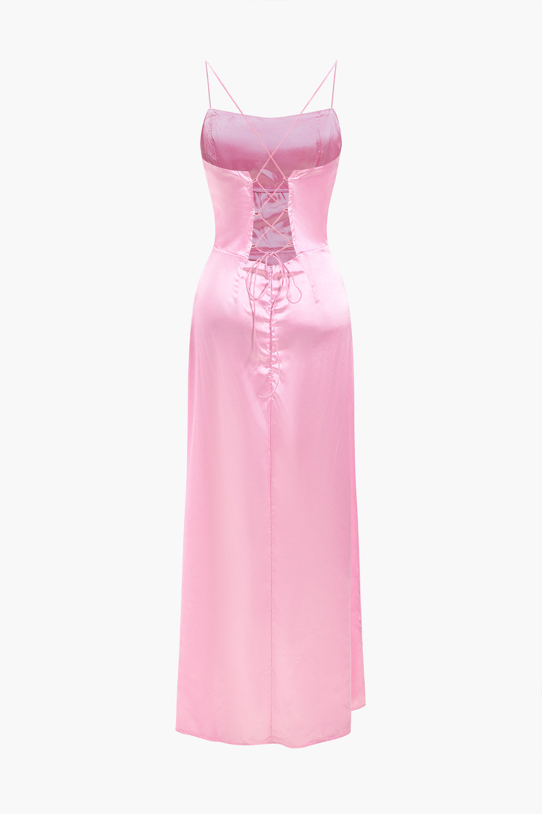 Satin Cowl Neck Corset Bodice Spaghetti Strap High Split Maxi Gown 22