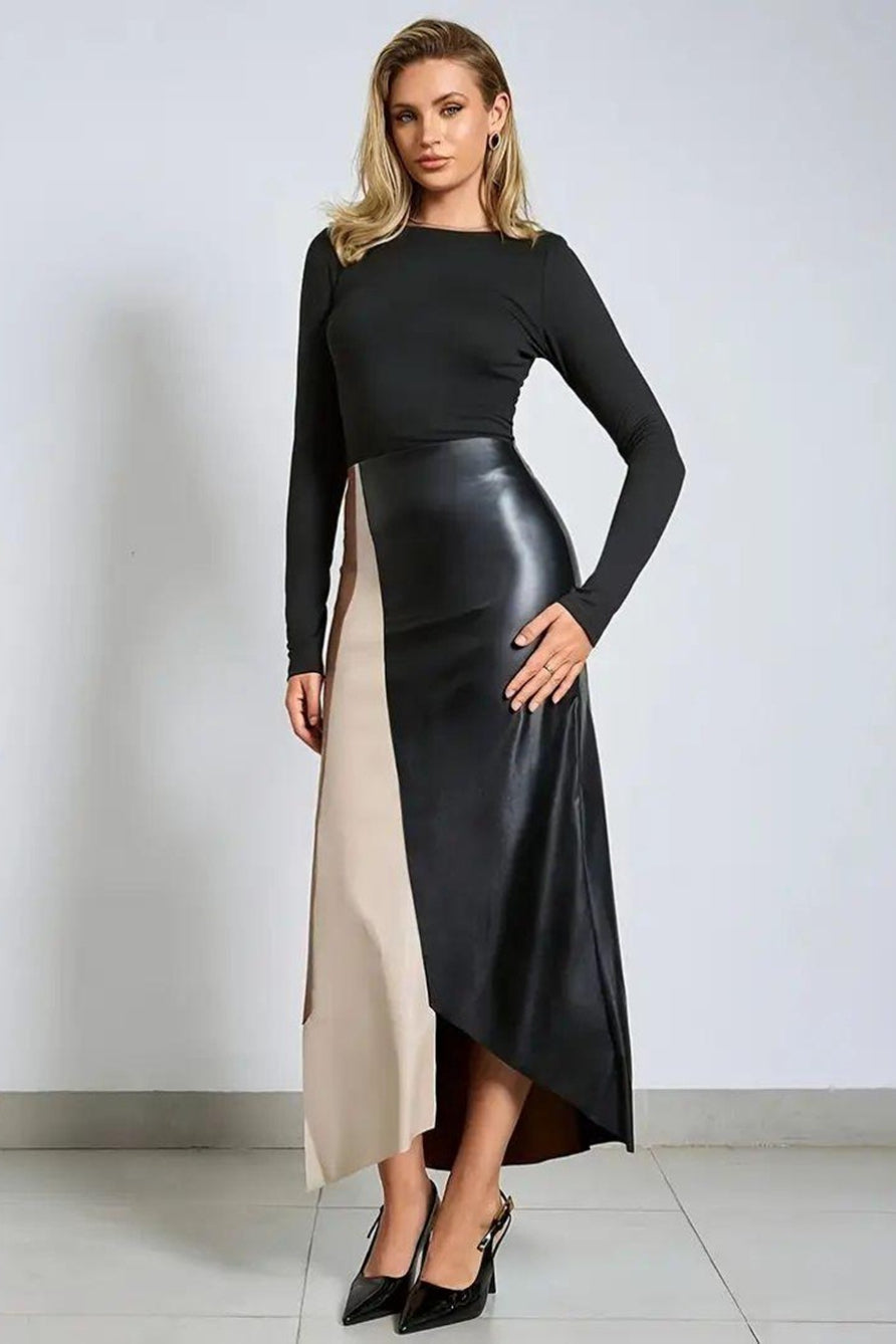 Color Block Faux Leather High Waist Asymmetric Hem Midi Skirt