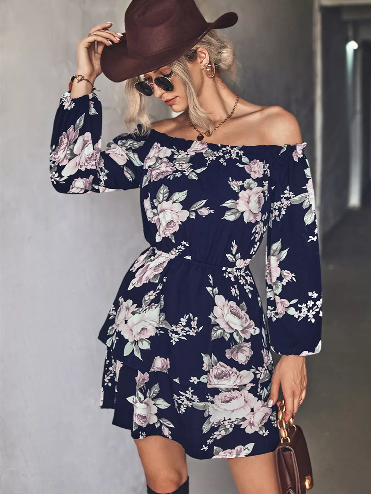 Off-Shoulder Floral Print Long Sleeve Mini Dress