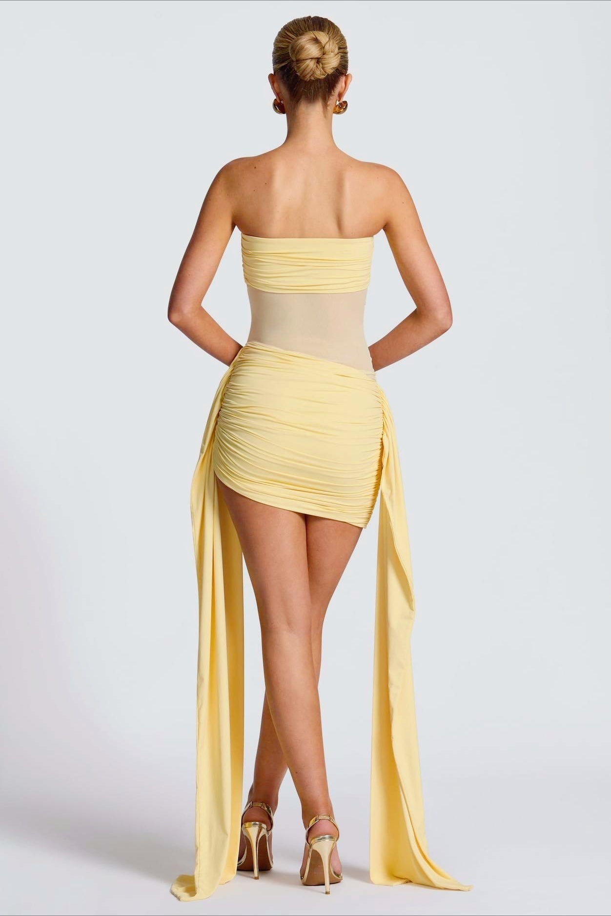Strapless Sheer Mesh Ruched High Low Bodycon Mini Dress