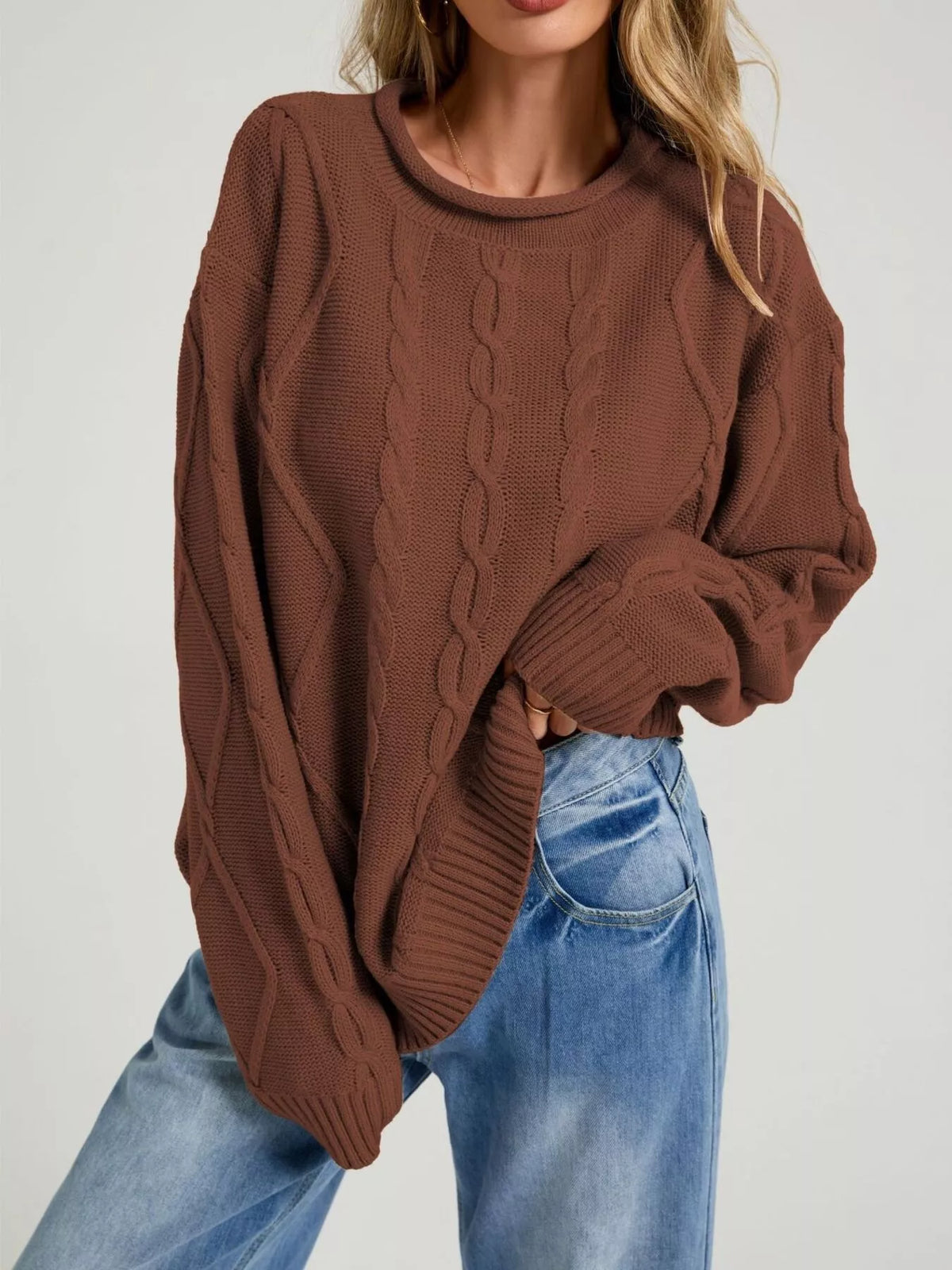 Crew Neck Long Sleeve Cable Knit Side Slit Oversized Sweater