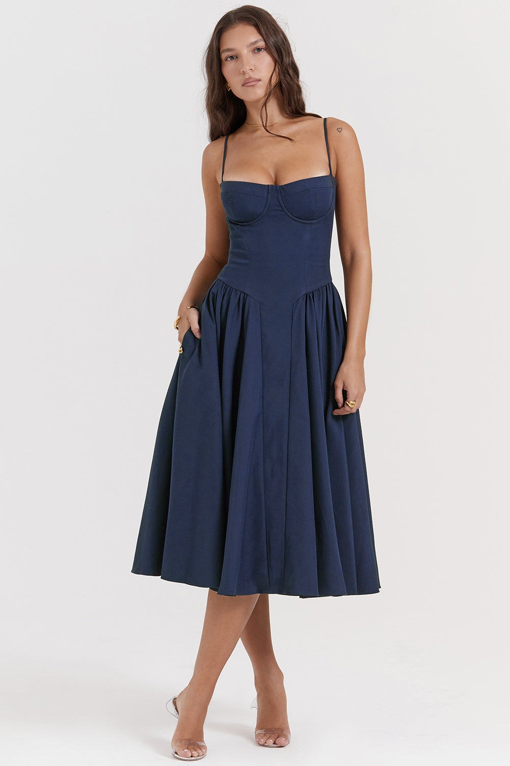 Underwire Sweetheart Corset Cami Drop Waist Full Skirt Midi Dress 4