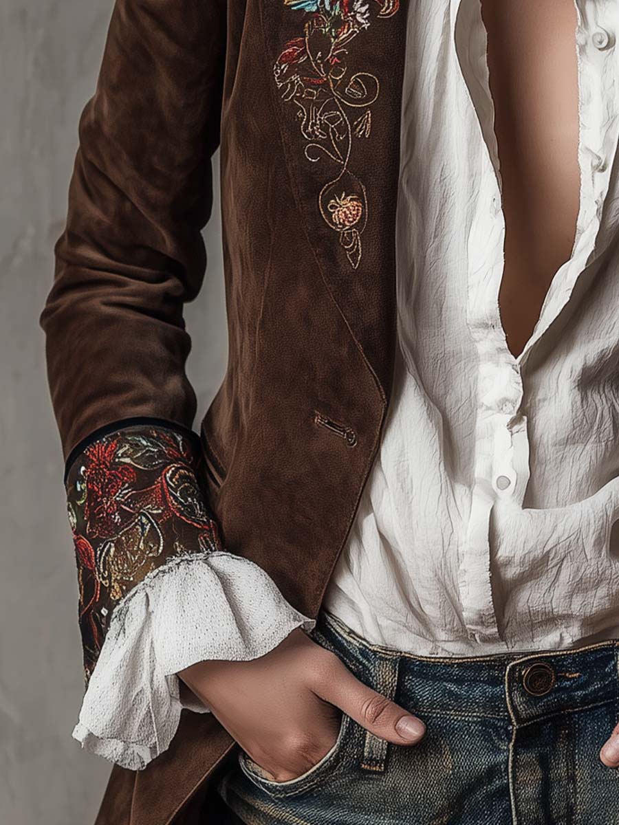 Suede Look Floral Embroidered Notch Lapel Blazer
