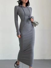 Casual Long Sleeve Drawstring Hooded Bodycon Dress - Black M / Coffee Black Long Bodycon Dress