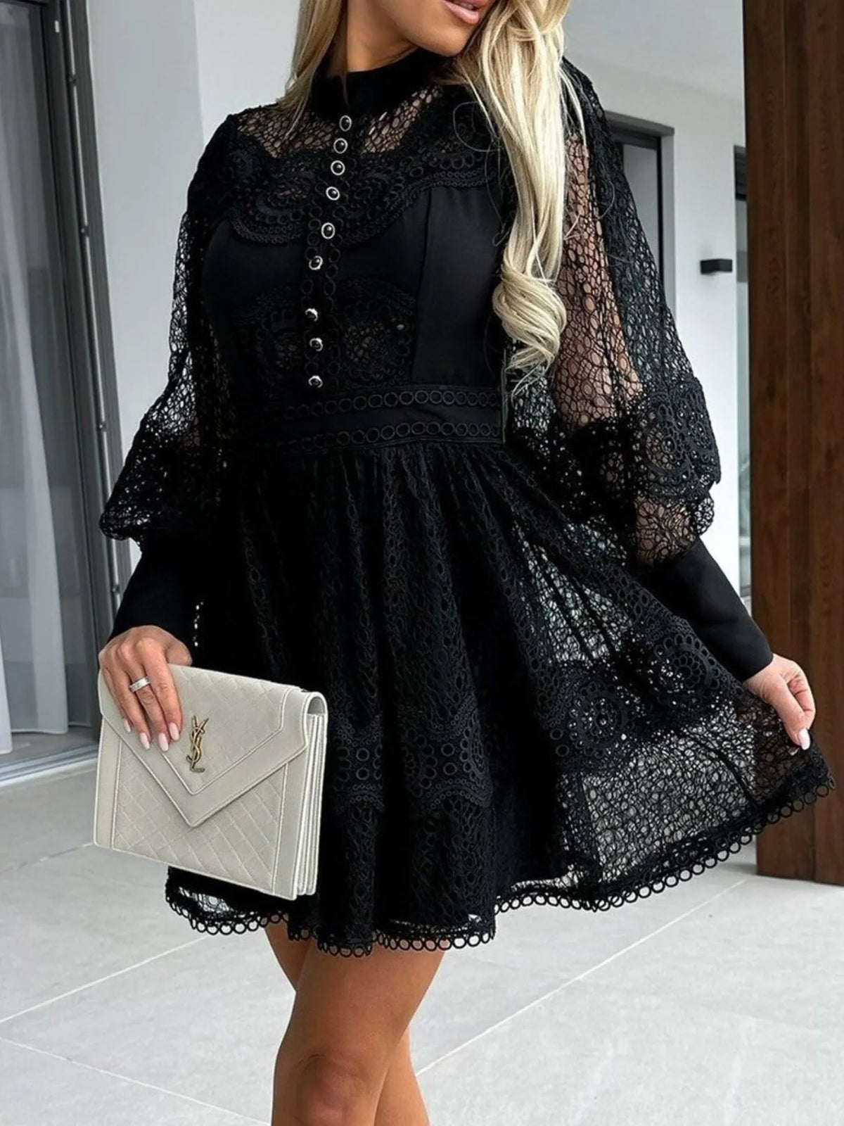 Lace Lantern Sleeve Mini Dress