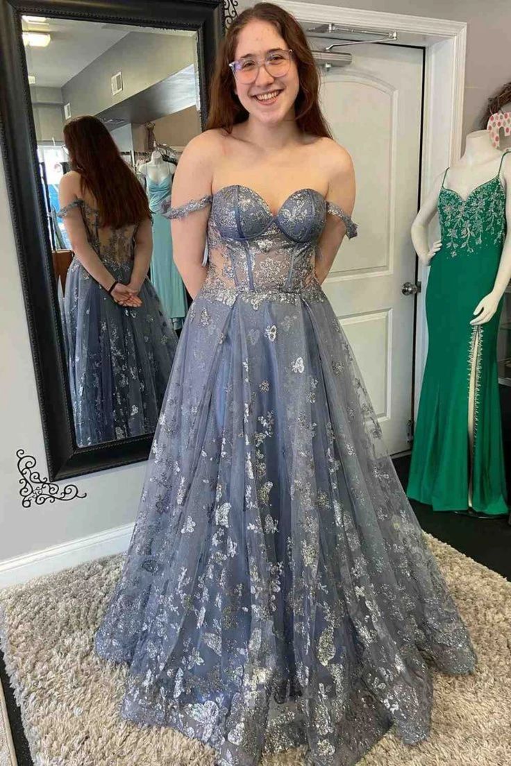 Off Shoulder Smoke Gray Lace Long Prom Dress Smoke Gray Lace Formal Graduation Evening Dress