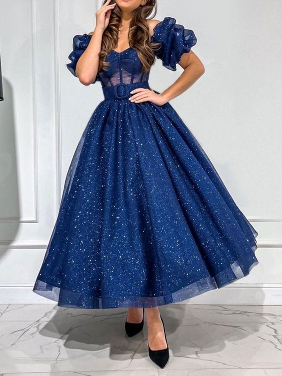 Dark blue tulle tea length prom dress, blue formal dress