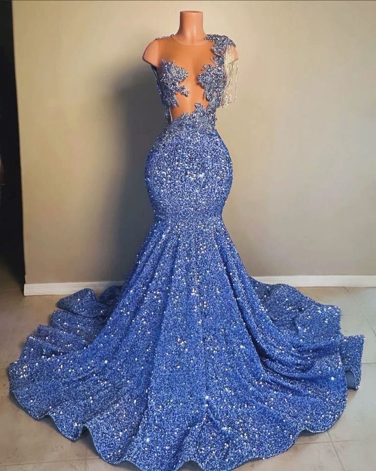 Blue Sequin Long Prom Dress Blue Party Dress