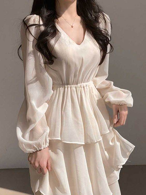 Casual Dresses V Neck Layered Ruffle Lantern Long Sleeve Cake Dress