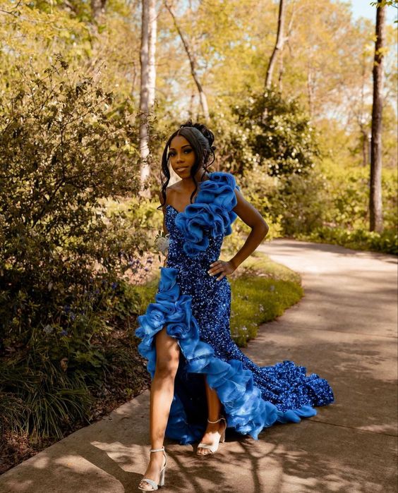 Blue Long Prom Dress Sequined Ruffles Side Split Sexy Evening Dress Graduation Party Gowns